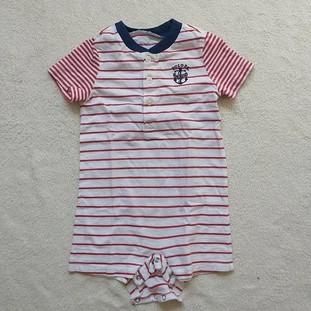 Ralph Lauren Overall Onepiece Baby Boy 9M Plaid Striped Cotton Button Logo 2xLot